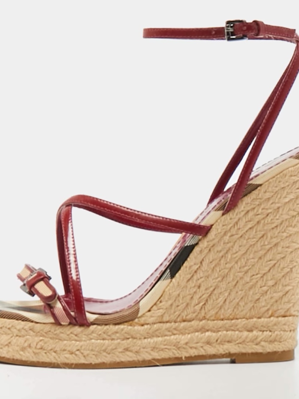 Burberry Burgundy Leather Strappy Pointed-Toe Sandals with Check
